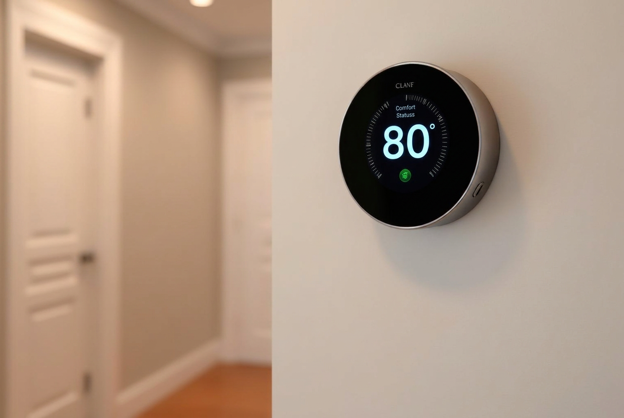 Smart thermostat showing an even home temperature